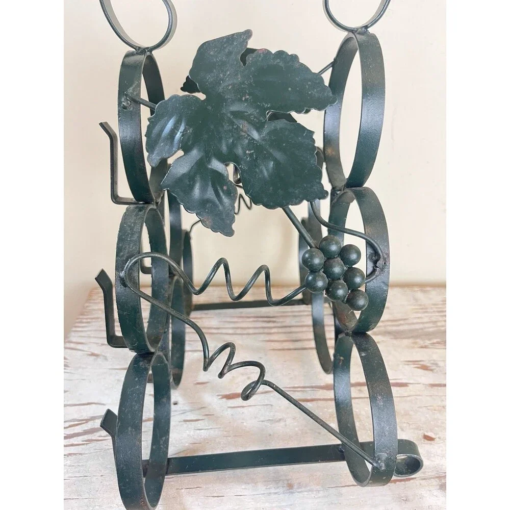 Vintage MCM Rustic Metal Ornate Grape Leaves 6 Wine Bottle Holder W/ Handle 14”